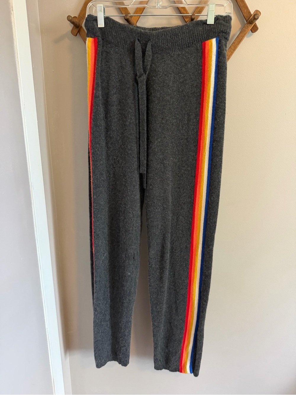 PRVLG Threads of Privilege Cashmere Joggers Grey Rainbow Stripe S FLAWED